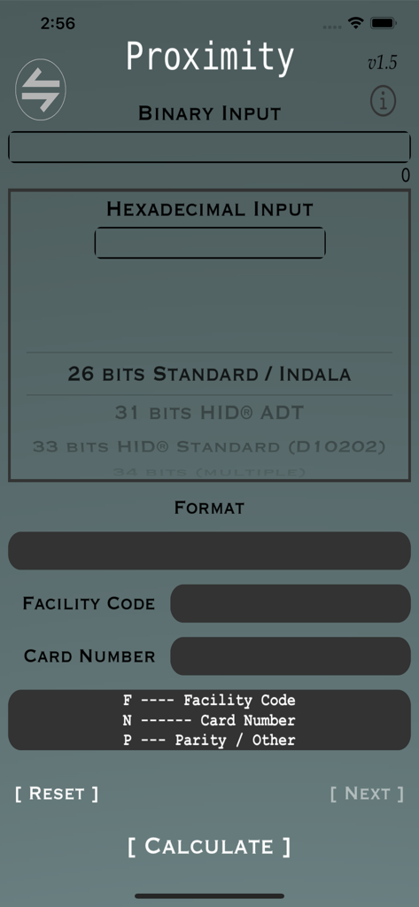 Proximity - Access Card Calc - Proximity app main screen showing input fields for binary and hexadecimal values to calculate facility codes and card numbers.