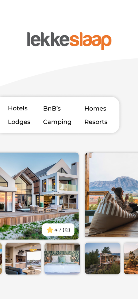LekkeSlaap - LekkeSlaap mobile app displaying accommodation categories and boutique stay options in South Africa