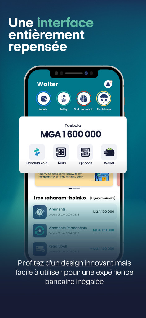 BNI - Interface mobile de l'application bancaire BNI affichant le solde du compte, des actions rapides comme le scan de code QR et les transactions récentes.