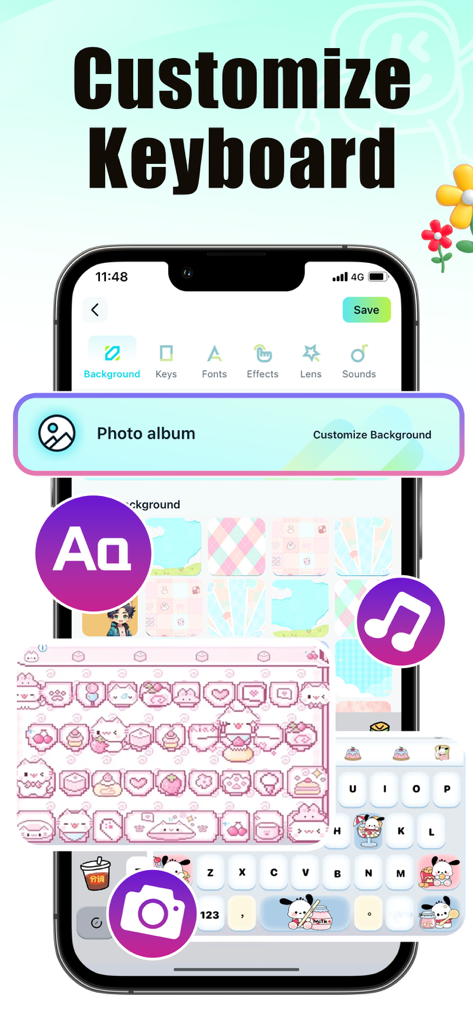 KeyFonts- Keyboard & Themes - Una interfaz móvil de la aplicación KeyFonts que muestra opciones para personalizar fondos de teclado con temas estéticos y fotos.