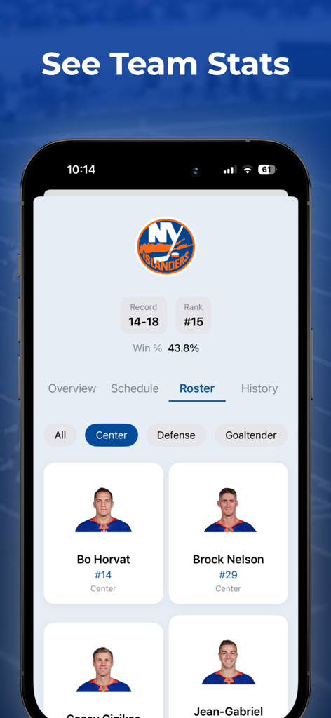 SportBuddy AI: Live Scores - SportBuddy AI app showing New York Islanders NHL team roster and player statistics
