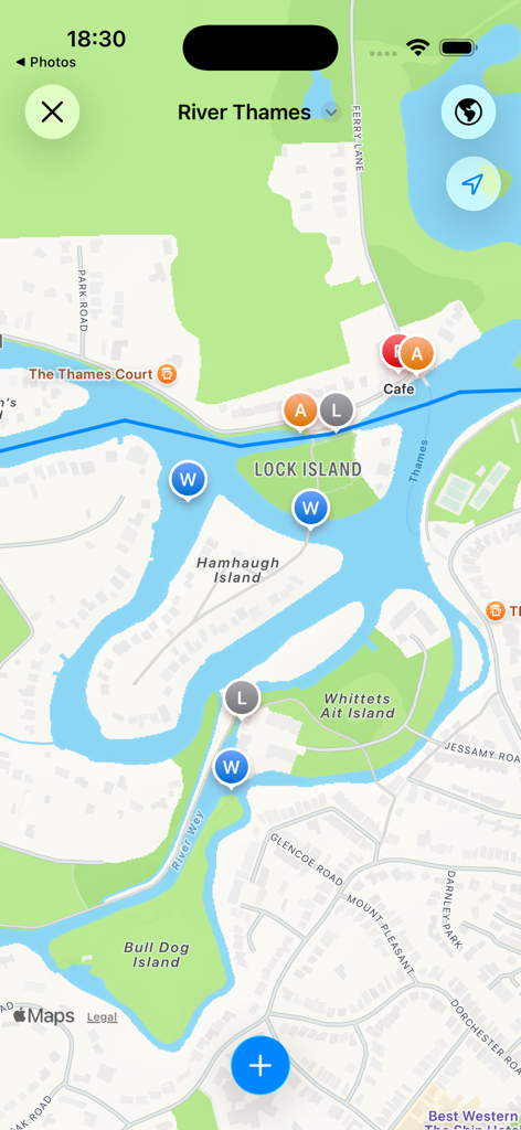 Kartenansicht der Themse mit Inseln und Navigationsmarkierungen in der UK Waterways Map App