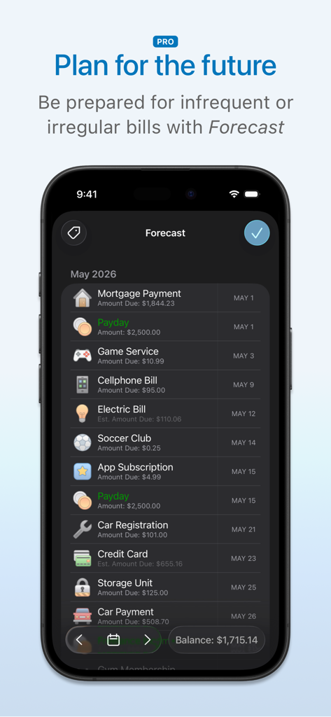 Chronicle - Bill Organizer - Interfaz de la aplicación móvil Chronicle que muestra un pronóstico de facturas mensuales y vista de planificación presupuestaria