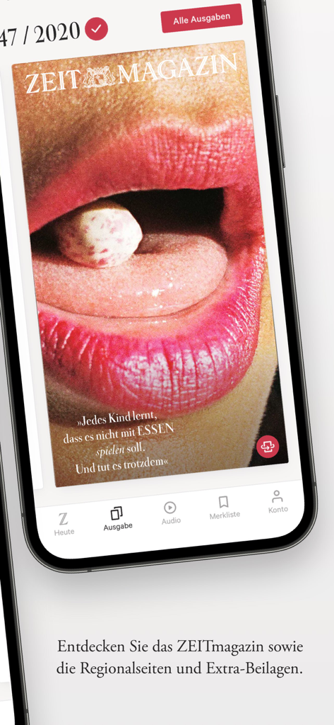 DIE ZEITアプリがスマートフォンのZEITmagazinライフスタイルサプリメントの表紙を表示しています。