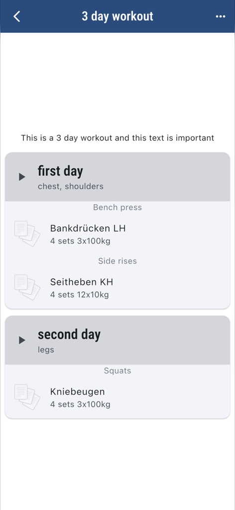 wger Workout Manager - Interface of wger Workout Manager app displaying a custom three day training routine with exercise details and set tracking