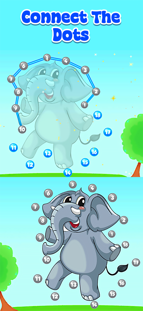 Kiddo Space Toddler Training - A preschool educational activity where children connect numbered dots to reveal a cartoon elephant in the Kiddo Space app.