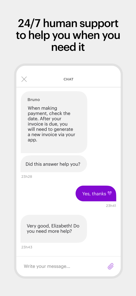 Interfaz de la app de Nu que muestra una conversación de chat de soporte humano 24/7