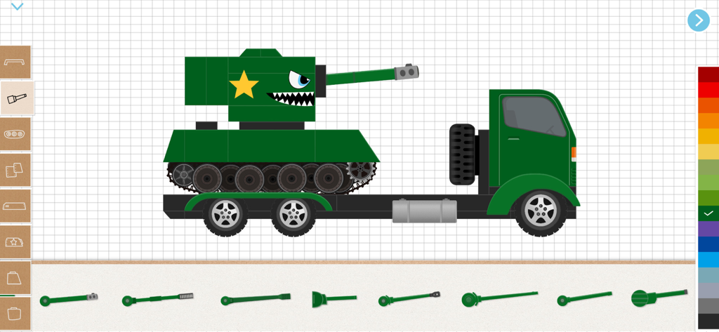 Un tanque de bloques verde con dientes de tiburón y una estrella amarilla sobre un remolque de camión en una interfaz de construcción