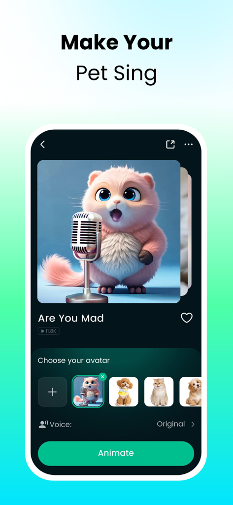 DreamFace: AI Video Generator - DreamFace app interface showing the make your pet sing feature with a pink fluffy animal avatar behind a microphone