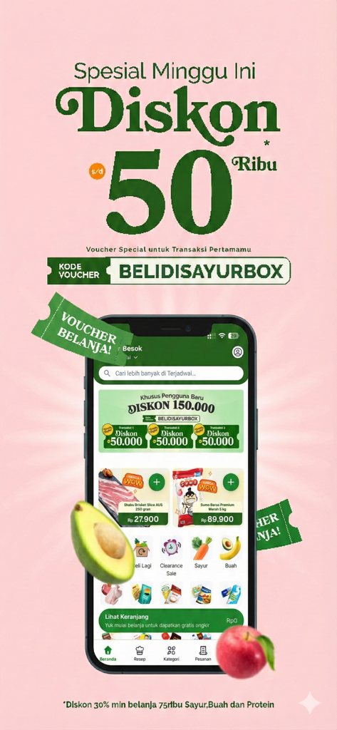 Sayurbox - Grocery Jadi Mudah - Sayurbox mobile app interface showing fresh food products and a 50k discount voucher code