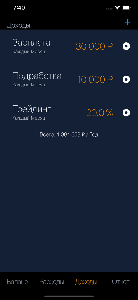 Benutzeroberfläche der mobilen App, die die monatliche Einkommensplanung mit Quellen wie Gehalt und Handelseinnahmen zeigt