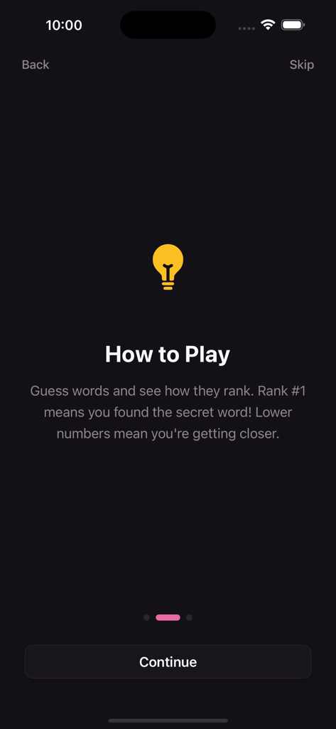 Semantix - Guess the Word - Semantix app onboarding screen showing how to play and rank words by semantic similarity.