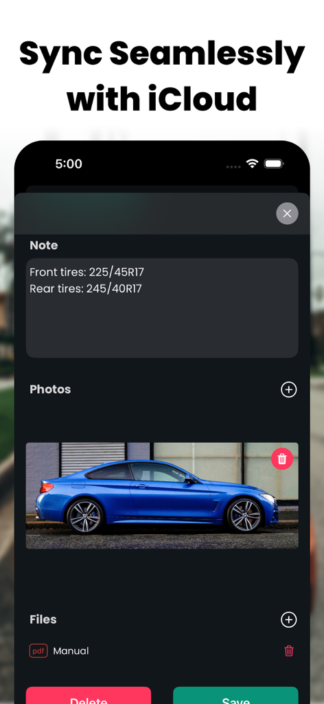 Car Maintenance: ServiceLog - Car maintenance app interface showing iCloud sync feature for vehicle service notes and photos