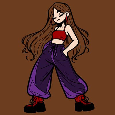 girl in baggy pants crop top and long hair