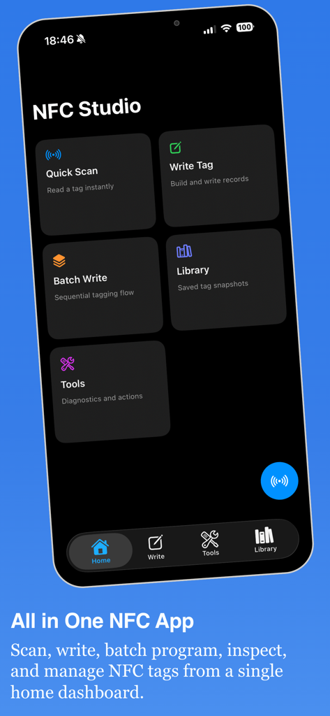NFC Studio - NFC Studio app home dashboard showing tools for scanning and writing NFC tags