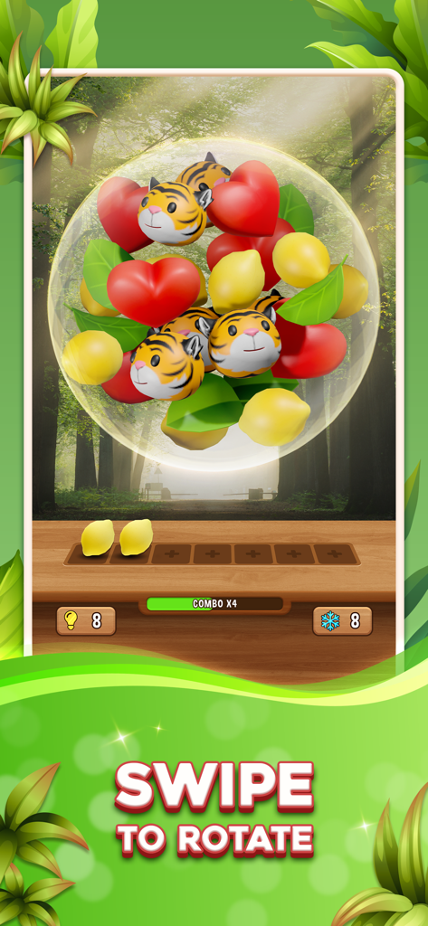 Jugabilidad de Match Triple Ball mostrando una burbuja 3D llena de adorables objetos como cabezas de tigre y corazones sobre un fondo de bosque.