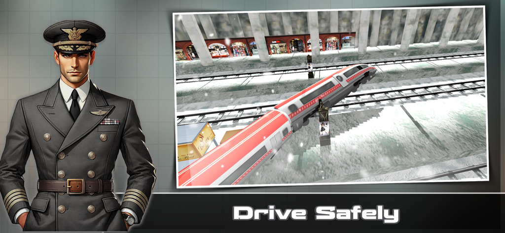 Epic Train Driving Simulator - A train conductor character standing next to a high speed passenger train on snowy tracks with the text Drive Safely