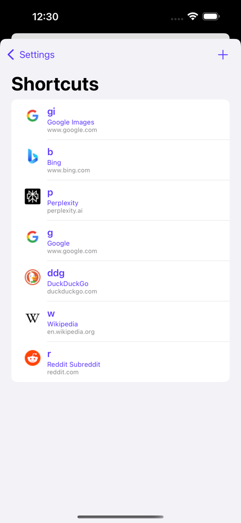Luna Browser for Watch - iPhone companion app screen showing a list of customizable search engine shortcuts for the Apple Watch browser