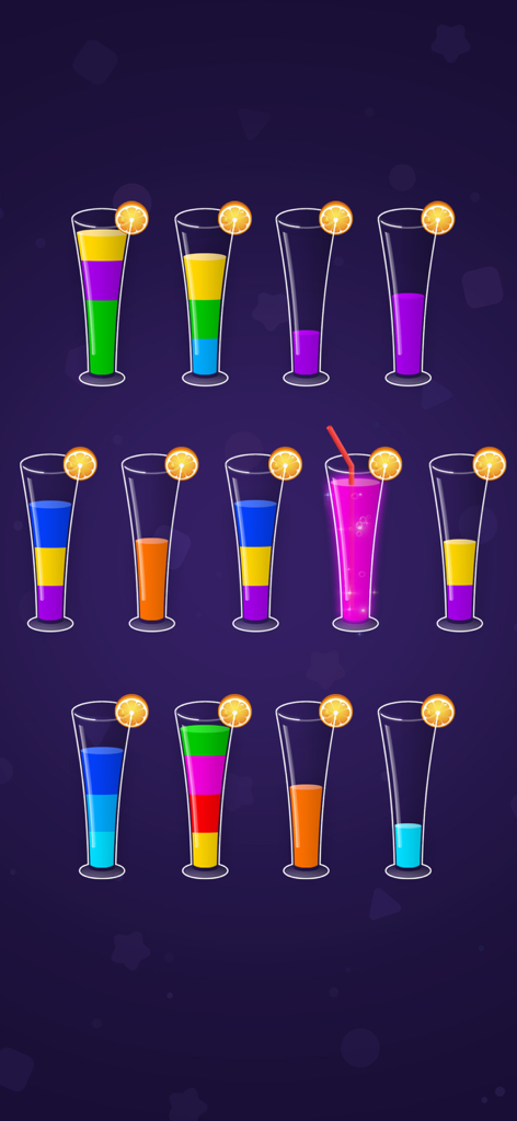 Color Water Sort: Puzzle Game - Nivel de juego de Color Water Sort que muestra líquidos de colores en vasos decorados con rodajas de naranja