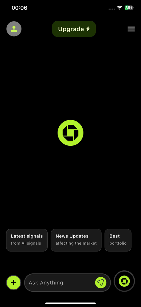 Ebila AI: Trading Signal - Interface of the Ebila AI app showing the AI assistant chat screen with options for latest trading signals and news updates