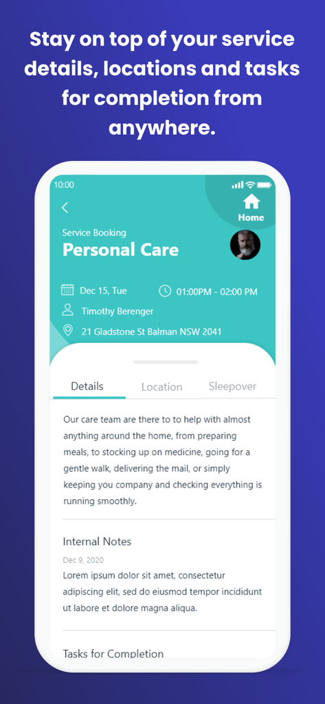 CareVision Plus app interface showing service booking details for personal care including date time location and care team notes
