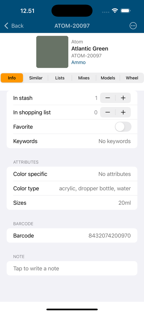 Detail screen of the Model Colors app showing inventory tracking and attributes for Atlantic Green paint