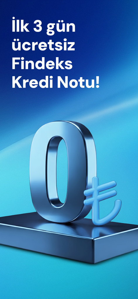 Findeks: Kredi Notu - Écran promotionnel de l'application Findeks offrant les trois premiers jours de rapports de score de crédit gratuits.