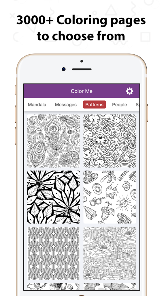 Coloring Book - Color Me - Smartphone screen showing various coloring page patterns and categories in the Color Me app.