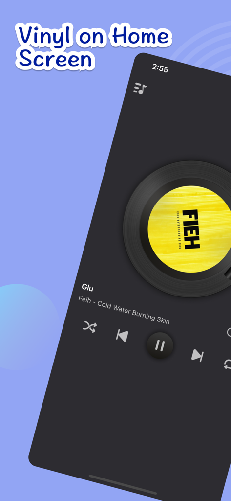 Vinyl Widget- Vinyl Record App - Widget lecteur de musique vinyle sur un écran d'accueil iOS présentant un disque qui tourne et des contrôles de lecture.
