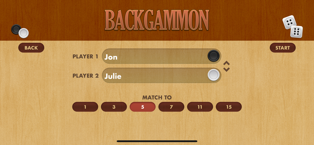 Backgammon Pro game setup screen showing player selection and match point options
