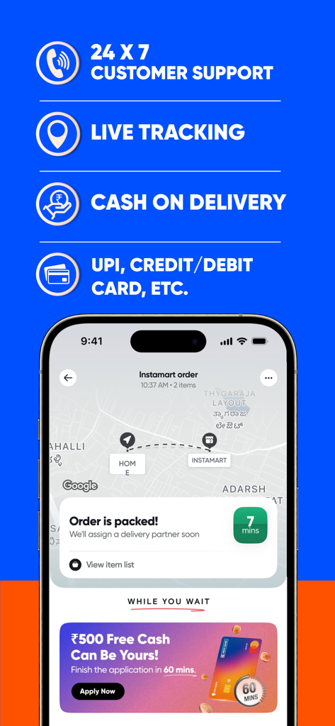 Instamart: Groceries & more - Interface do aplicativo Instamart mostrando rastreamento de pedidos ao vivo em um mapa e várias opções de pagamento.