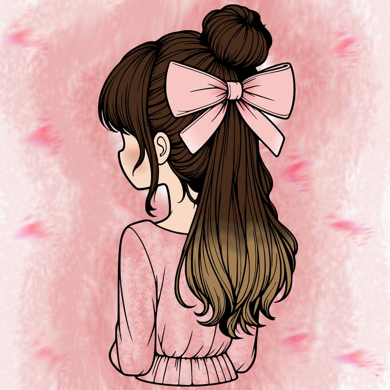 realistic girl  with hip length hair a bun and a big bow on the back of head
