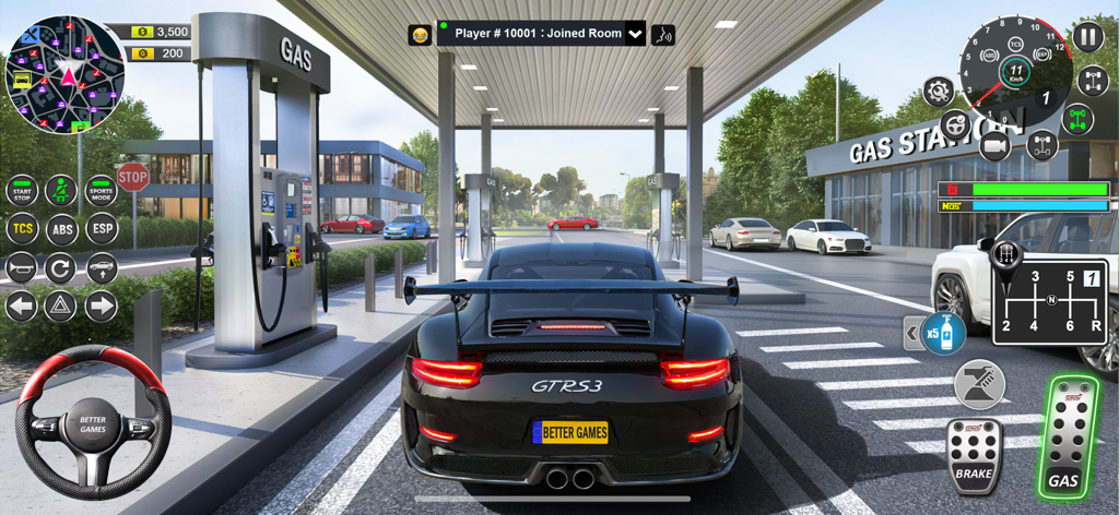 Gameplay screenshot of a black sports car at a gas station with realistic driving controls and interface