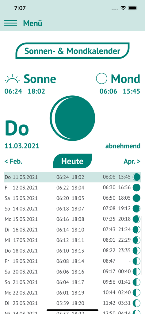 Fische OÖ - Schonbestimmungen - Sun and moon calendar within the Fische OÖ app showing sunrise sunset and moon phases for fishing planning