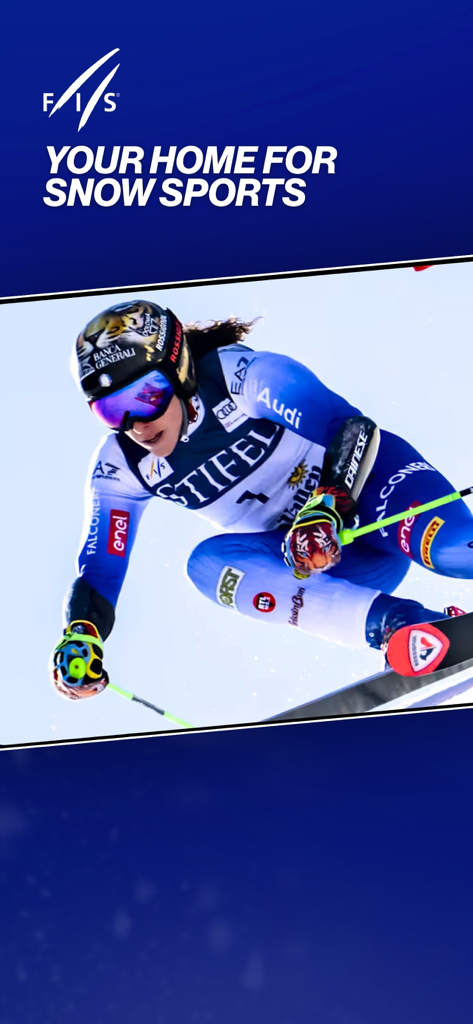 FIS Official: Ski & Snowboard - Sciatore alpino in gara in discesa sulla schermata iniziale dell'app FIS Official con il testo La tua casa per gli sport sulla neve