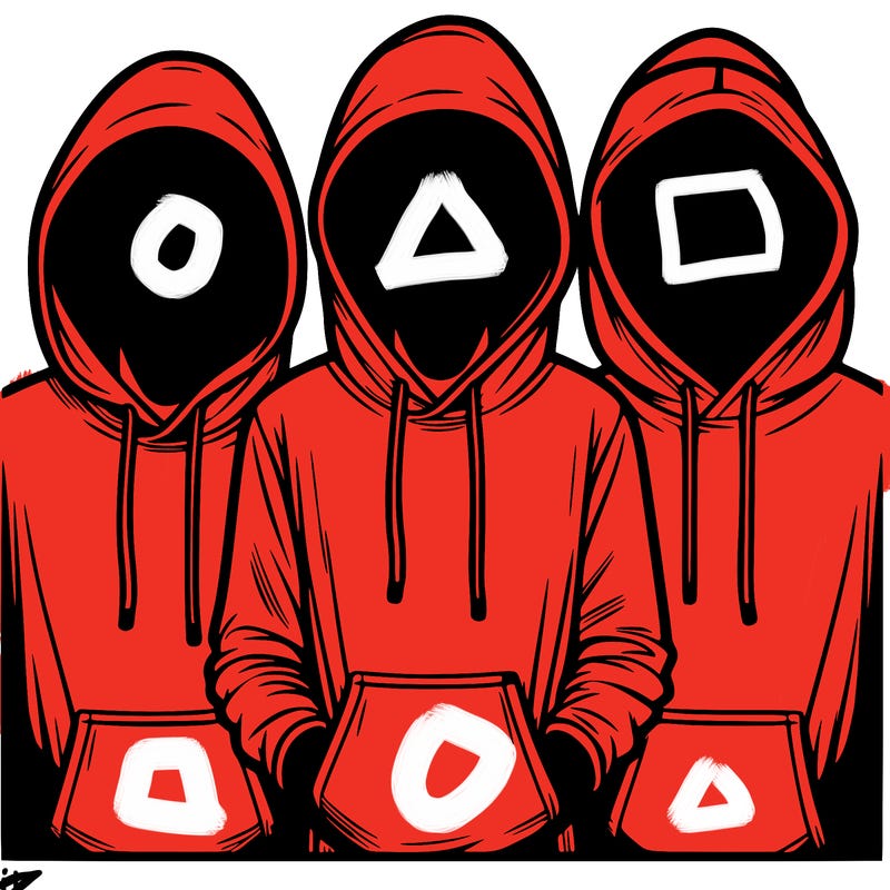 3 faceless people in  hoodies