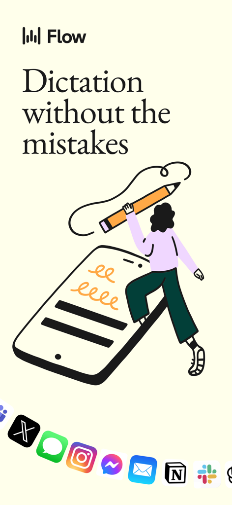 Illustrazione di una persona che utilizza la tastiera vocale AI Wispr Flow per la dettatura priva di errori su uno smartphone attraverso più app professionali.