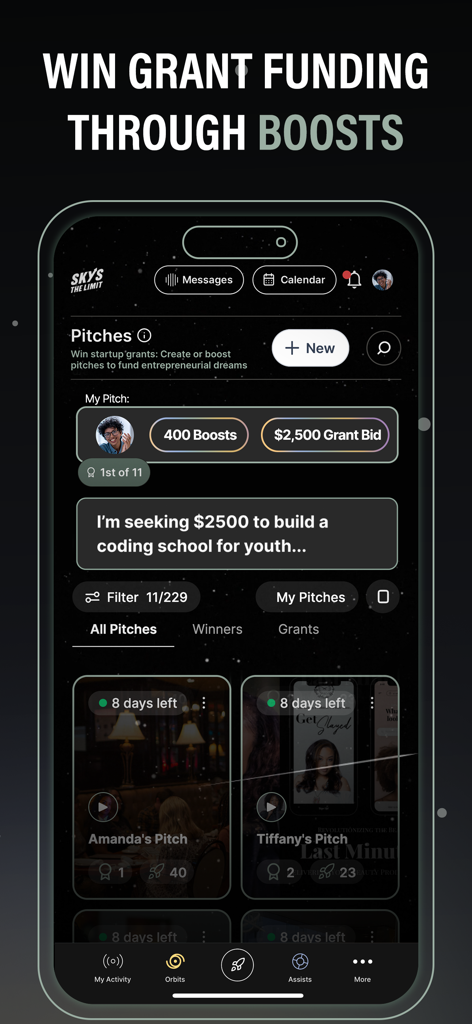 A mobile app interface from Skys The Limit showing a user pitch for a startup grant with community boosts and funding options