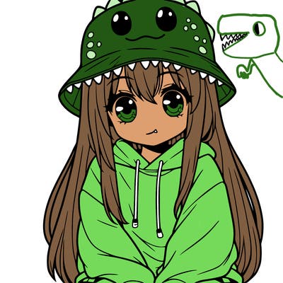girl with anime shaped eyes with a dinosaur bucket hat oversized sweatshirt long straight hair