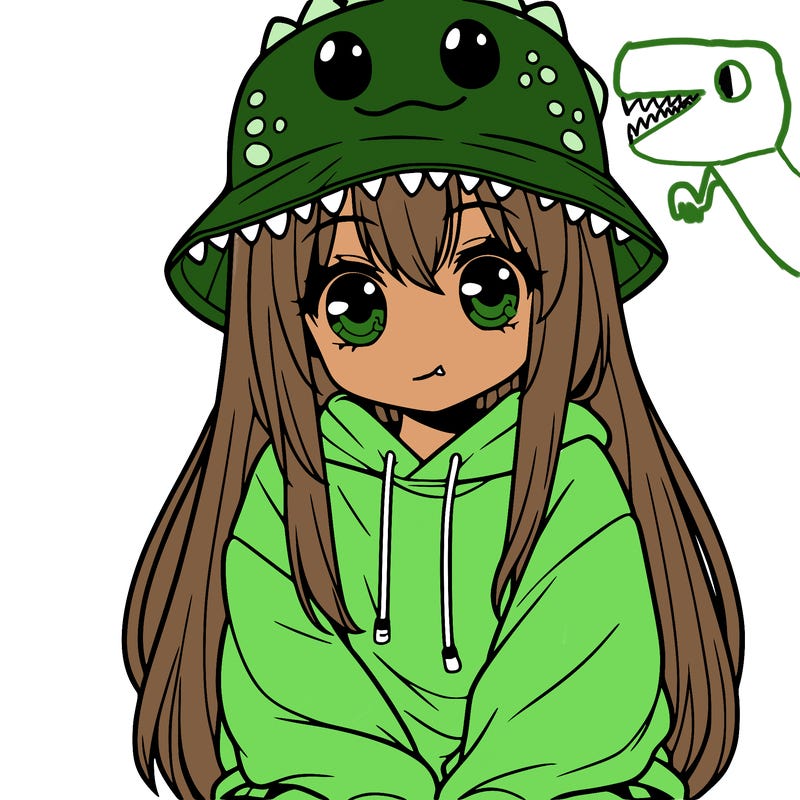girl with anime shaped eyes with a dinosaur bucket hat oversized sweatshirt long straight hair
