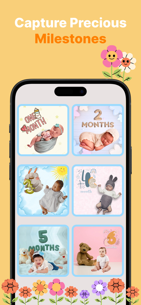 Miracle: Baby Photo Editor - Una pantalla de aplicación móvil que muestra una cuadrícula de seis plantillas de fotos de bebés que muestran hitos mensuales del uno al seis meses.