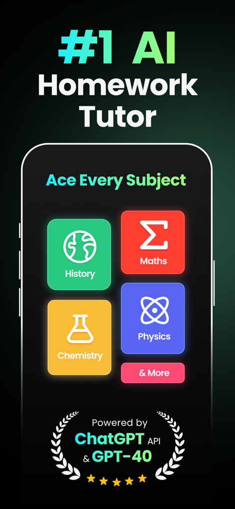 TutorCat - AI Homework Help - TutorCat AI homework help app showing subjects like math science and history powered by GPT-4o
