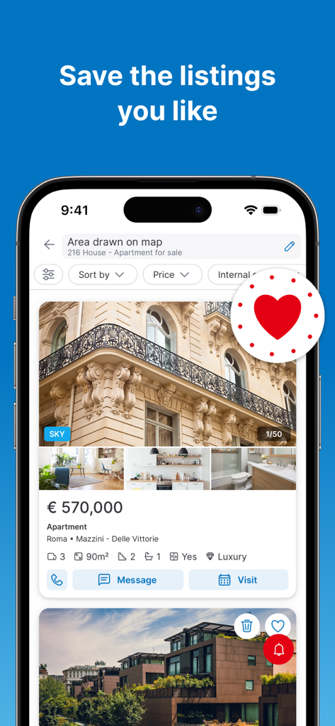 Pantalla de smartphone mostrando un anuncio de apartamento de lujo en Roma con un icono de corazón para guardar propiedades favoritas en la app Immobiliare.it