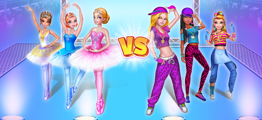 Dance Clash: Ballet vs Hip Hop - Tres bailarinas de ballet con tutús coloridos enfrentándose a tres bailarines de hip hop con ropa urbana en un escenario