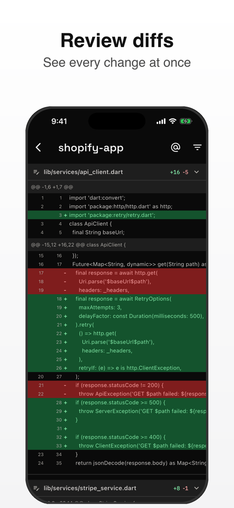 CC Pocket: Dev Agent Remote - CC Pocket app showing a syntax-highlighted code diff on a mobile screen
