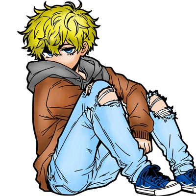 a male hoddie ripped jeans messy hair anime