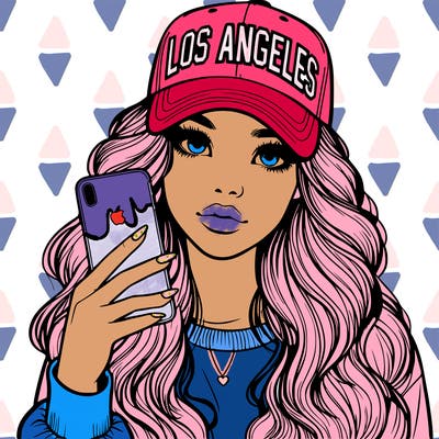 realistic beautiful girl wearing los ángeles cap holding an iphone