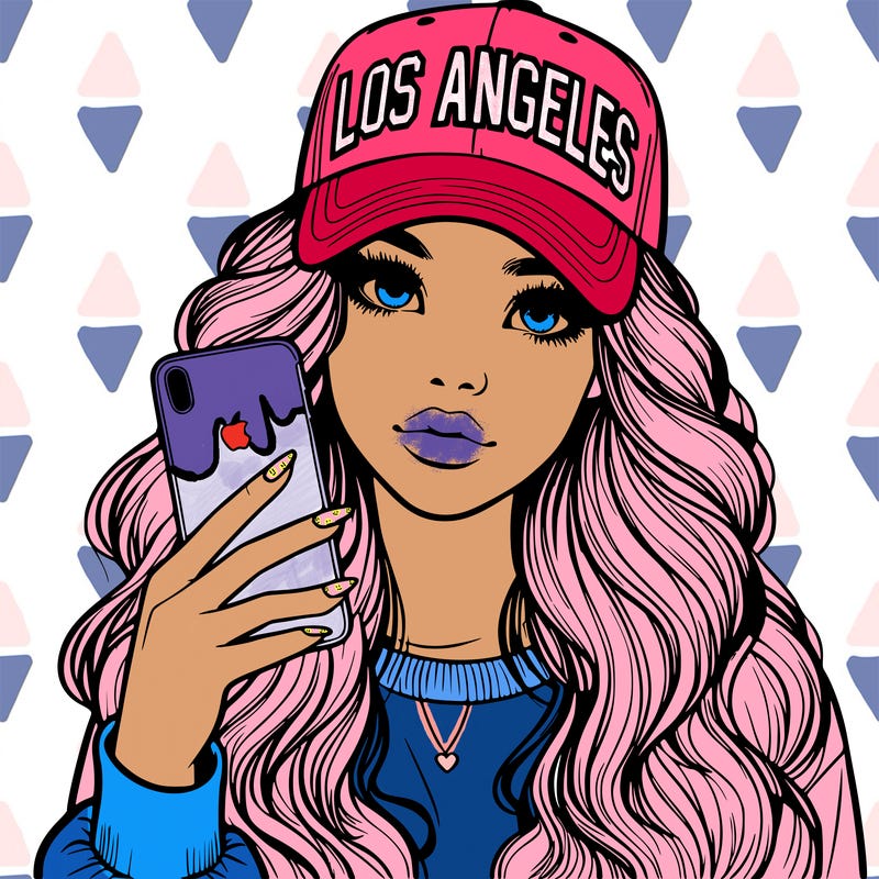 realistic beautiful girl wearing los ángeles cap holding an iphone