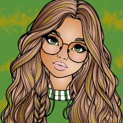 girl with long hair and freckles and glasses realistic