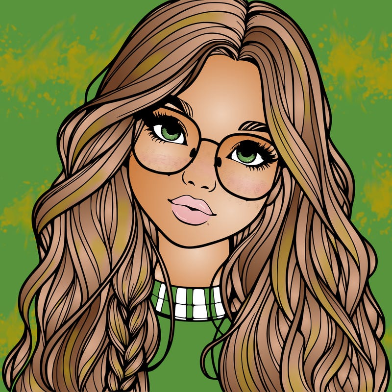 girl with long hair and freckles and glasses realistic